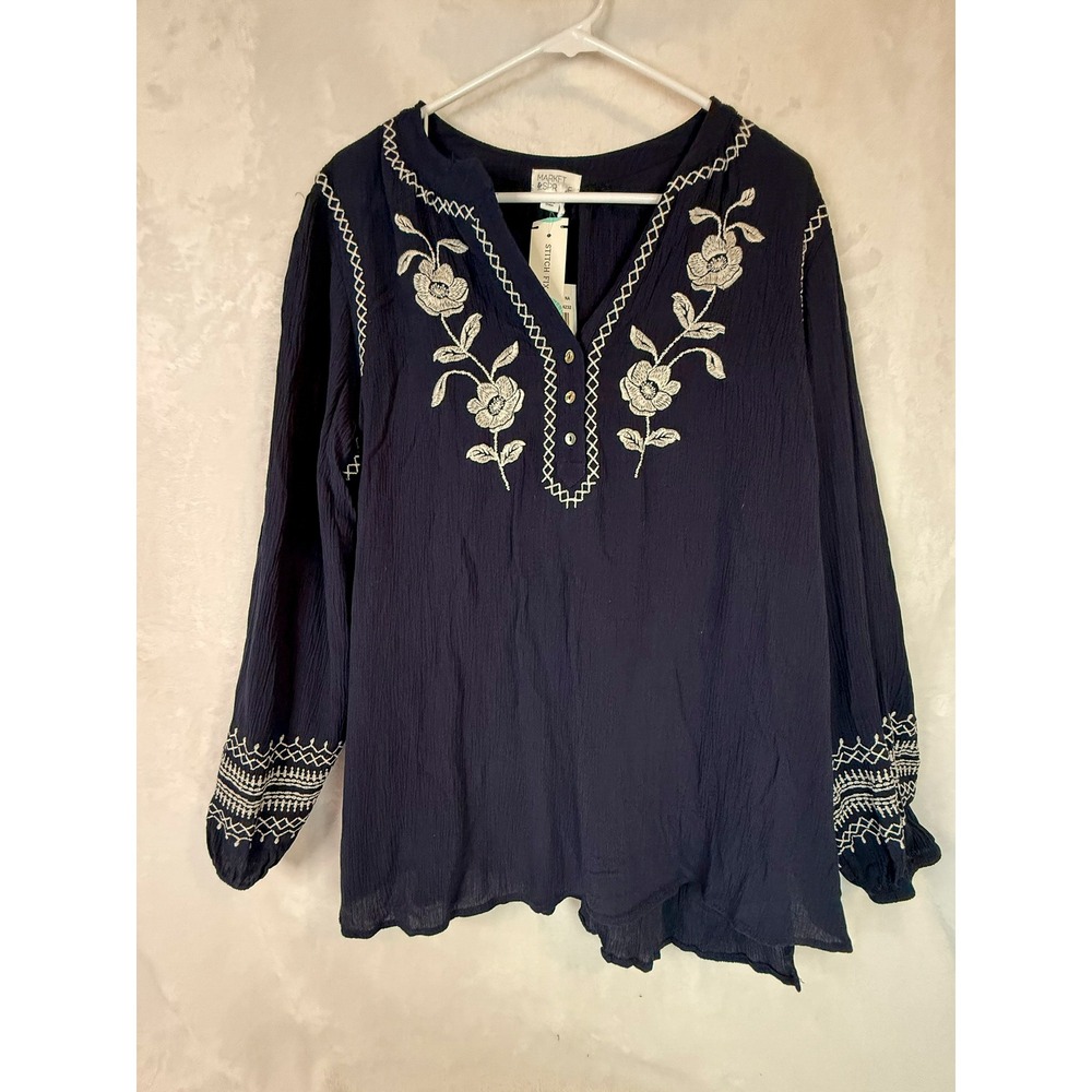 Market & Spruce NWT Navy Embroidered Peasant Blouse Boho Tunic Top Size XL - Picture 1 of 7